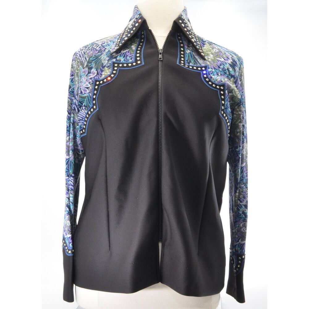 Custom Western Show Shirt - Blue Design with Bezel Set Stones & Leather Accent